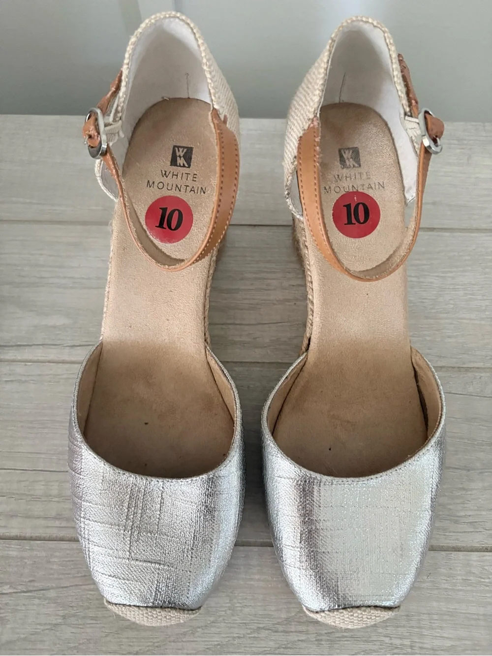 White Mountain Silver Metallic Espadrille Wedges with Tan Ankle Straps size 10